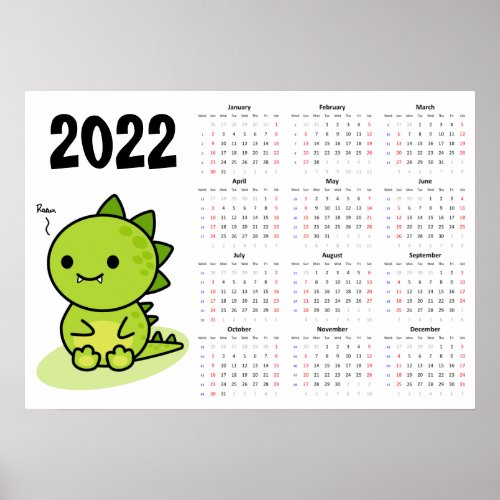 Baby dragon Calendar 2022 Poster _ Sunday start