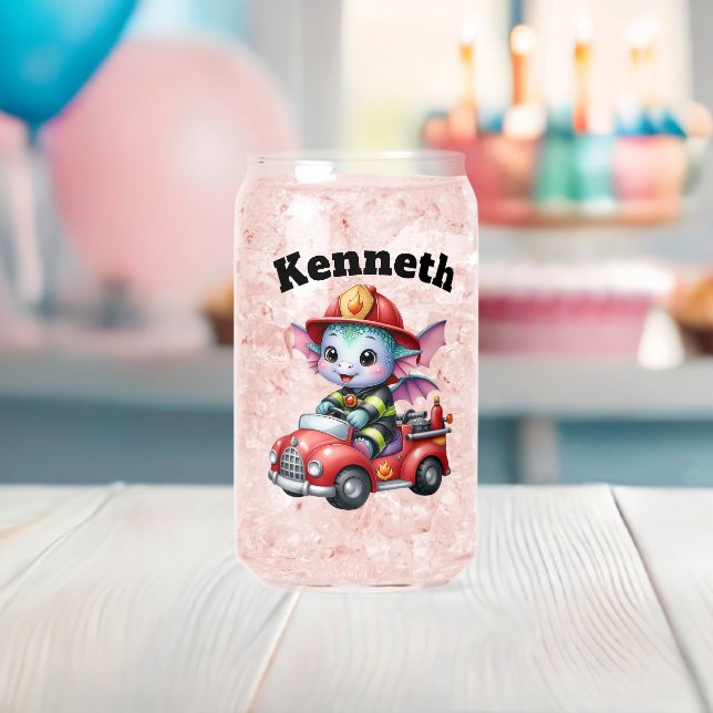 Baby dragon firefighter on toy truck can glass (Insitu (Baby Shower))