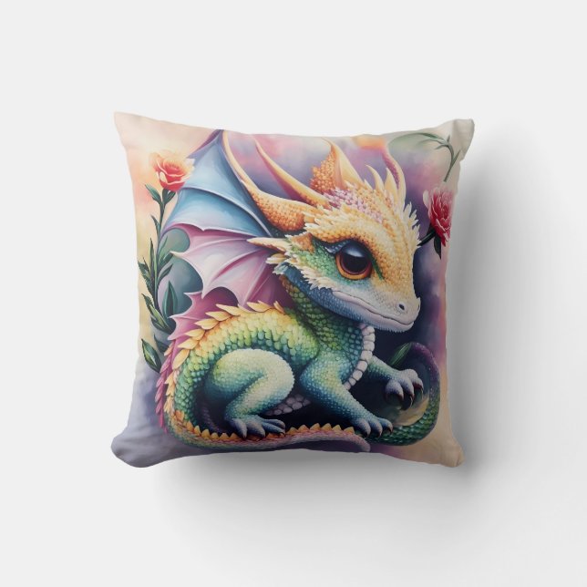 Baby Dragon Floral Art Throw Pillow (Front)
