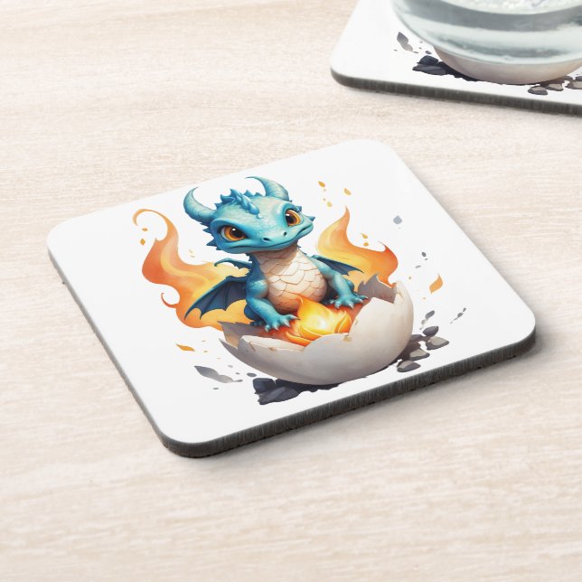 Baby Dragon Hatching Flame Art Beverage Coaster (Left Side)