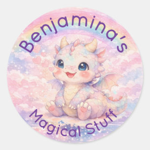 Baby Dragon Rainbow Cute Pink Hearts Fantasy Classic Round Sticker