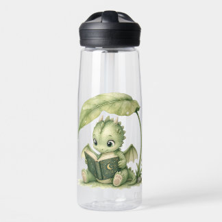 Baby Dragon Reading Under Leaf Storybook Art Water Bottle