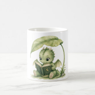 Baby Dragon Reading Under Leaf Storybook Nursery Coffee Mug