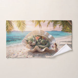 Baby Dragon Sleeping in Seashell on Tropical Beach Hand Towel
