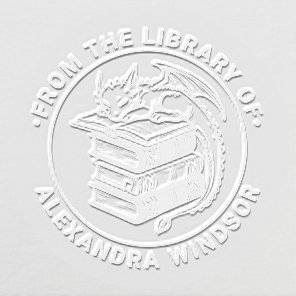 Baby Dragon Sleeping on Book Stack Library Name Embosser