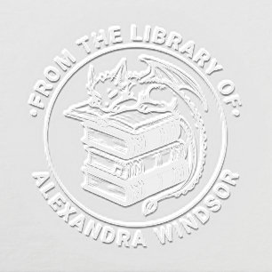 Baby Dragon Sleeping on Book Stack Library Name Embosser