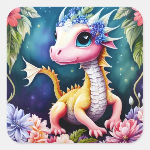 Baby Dragon Space Flowers Art Square Sticker