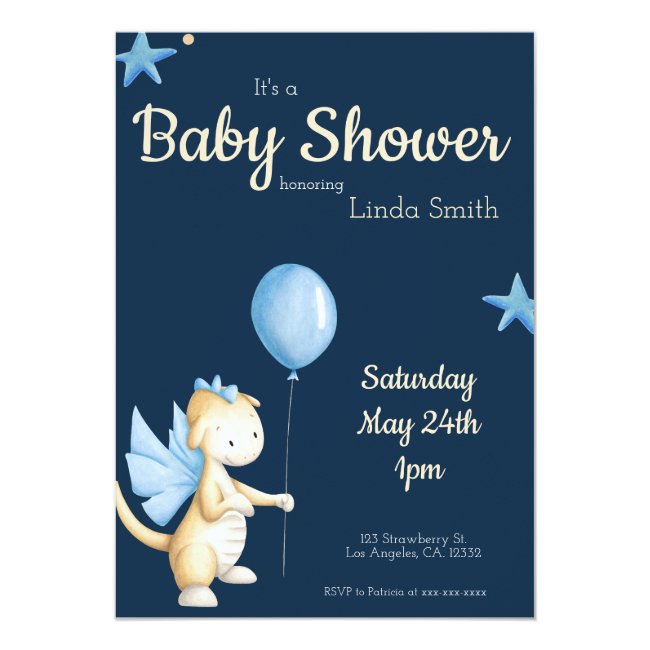 Baby Dragon with Blue Balloon Boy Baby Shower Invitation