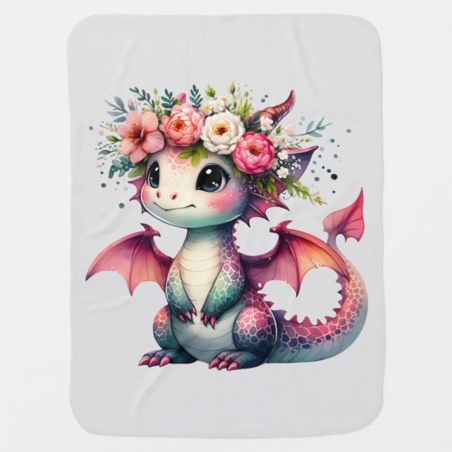 Baby Dragon With Flower Crown Baby Blanket (Front)