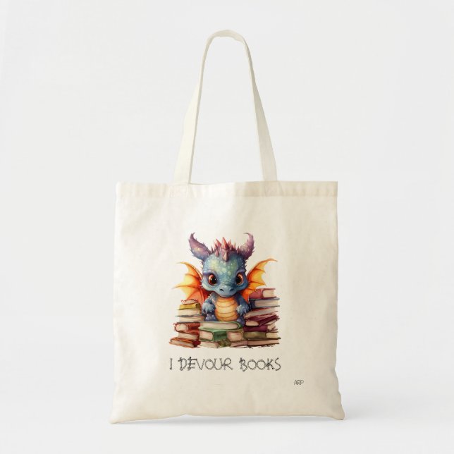 *~* Baby Dragon with READING devouring BOOKS AP88 Tote Bag (Front)