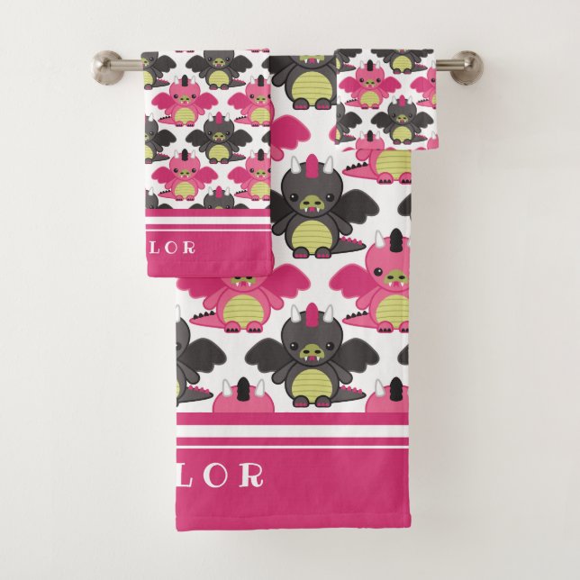 Baby Dragons - Pink & Black Pattern - Name Bath Towel Set (Insitu)