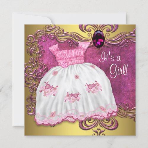 Baby Dress Hot Pink Gold Baby Shower Invitations