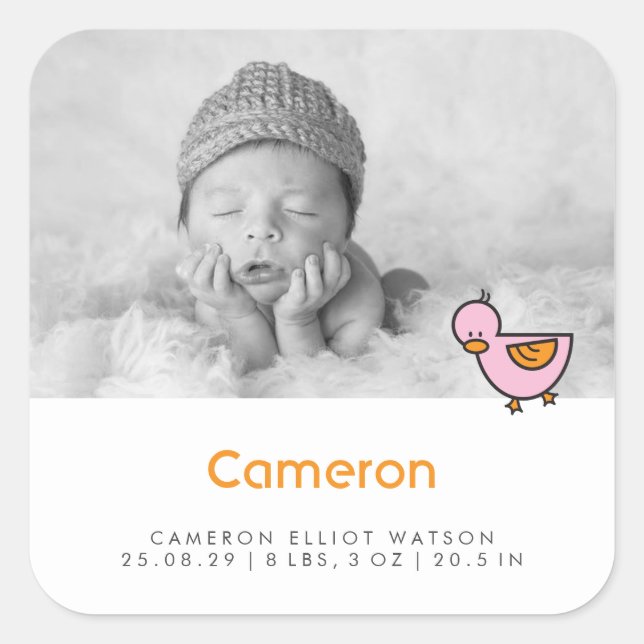 Baby Duck Photo Girl Birth Announcement Sticker (Front)