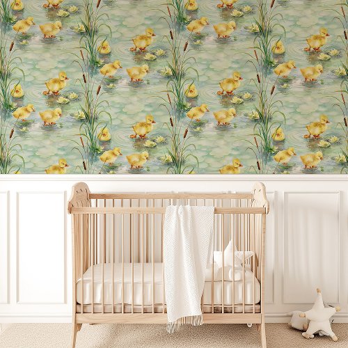 Baby Ducklings And Cattails Nursery Wallpaper