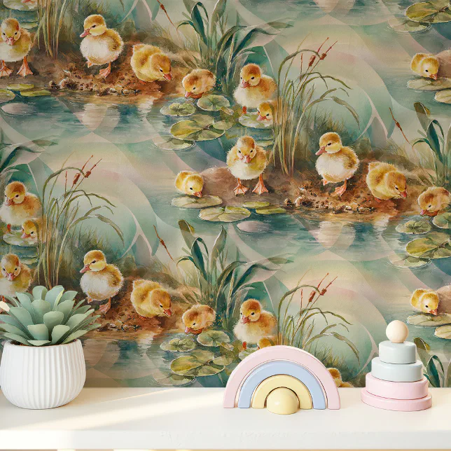 Baby Ducklings by the Pond Nursery Wallpaper | Zazzle
