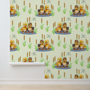 Baby Ducklings in a Puddle Cattail Dragonfly Wallpaper