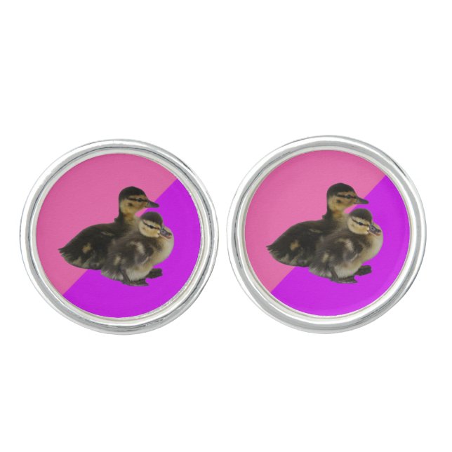 Baby Ducks on Pink Raspberry and Purple Sorbet Cufflinks (Front)