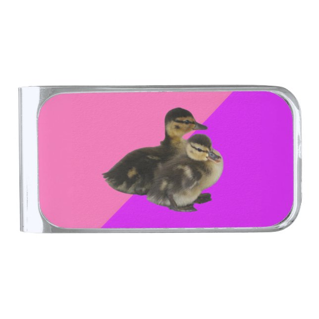 Baby Ducks on Pink Raspberry and Purple Sorbet Silver Finish Money Clip (Front)