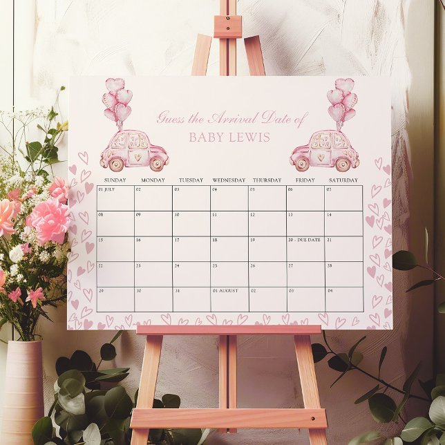 Baby Due Date Calender Baby Shower Game Pink Heart Poster (Baby Shower Guess the Date Calendar Poster - available printed or digital - by Darling & May)