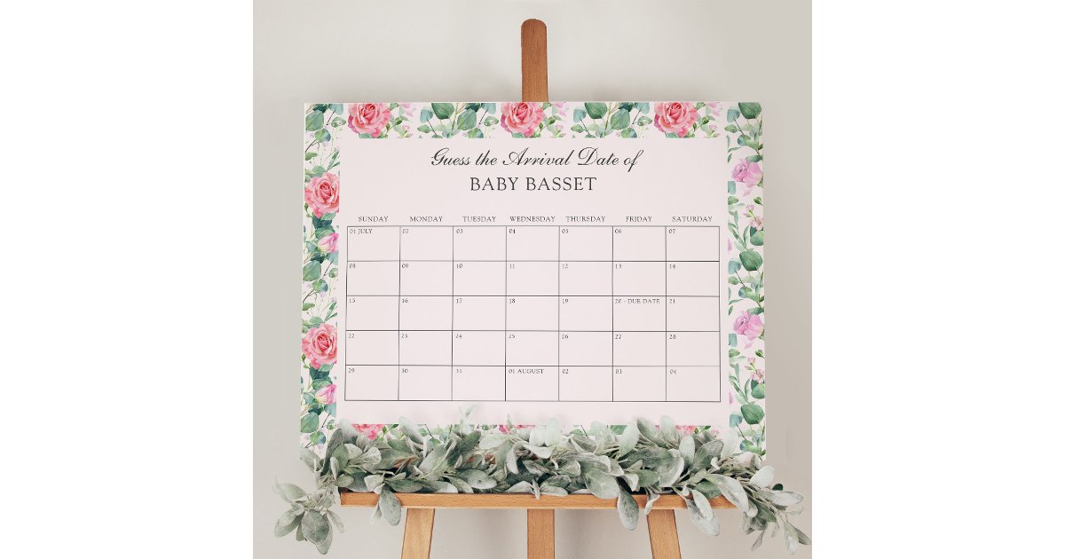 Baby Due Date Calender Baby Shower Game Pink Roses Foam Board Zazzle