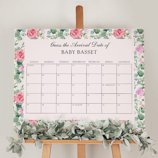 Baby Due Date Calender Baby Shower Game Pink Roses Foam Board (Baby Shower Due Date Calender Game from my Vintage Tea Party Baby Shower Collection)