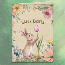 Baby Easter Bunny with Pink Tulip Vintage Floral
