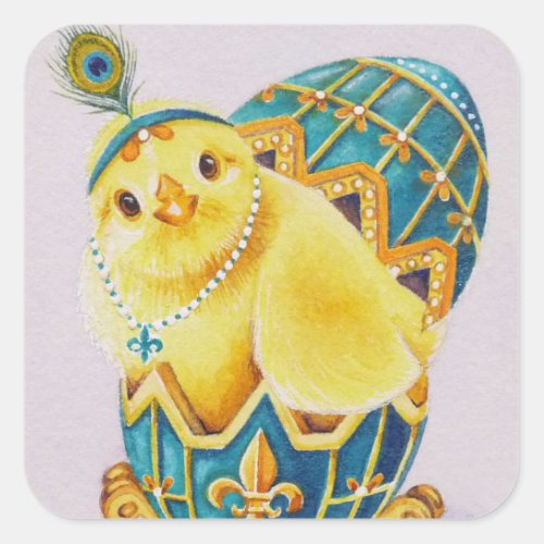 Baby Easter Flapper Chick Blue Egg Watercolor Art Square Sticker