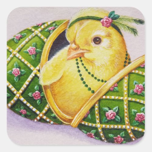 Baby Easter Flapper Chick Green Egg Watercolor Art Square Sticker