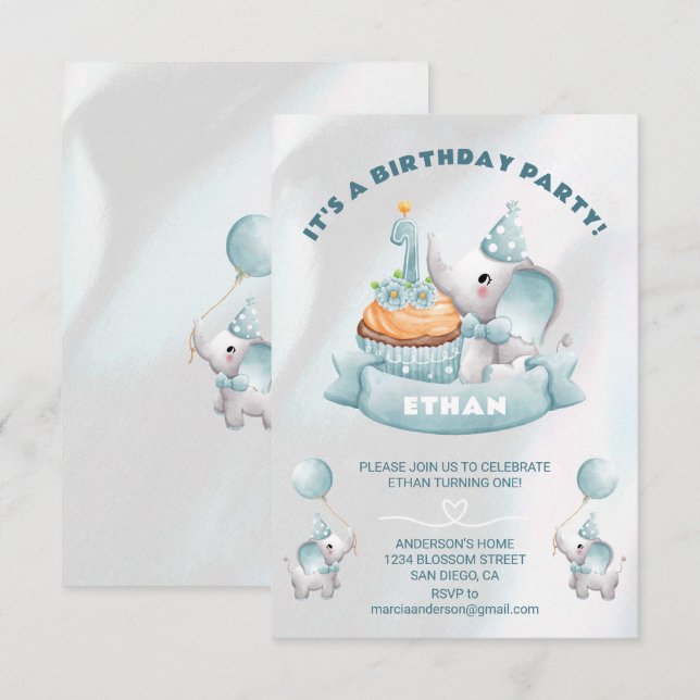Baby Elephant 1st Birthday Invitation (Front/Back)