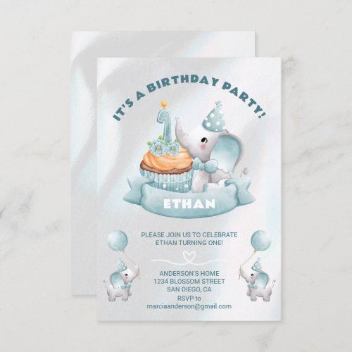 Baby Elephant 1st Birthday Invitation