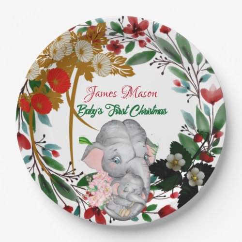 Baby Elephant 1st Christmas Botanical Green Wreath Paper Plates