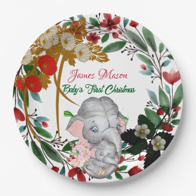 Baby Elephant 1st Christmas Botanical Green Wreath Paper Plates (Front)
