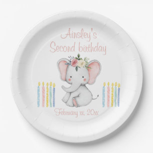Baby Elephant 2nd Birthday Pink Watercolor Paper Plates