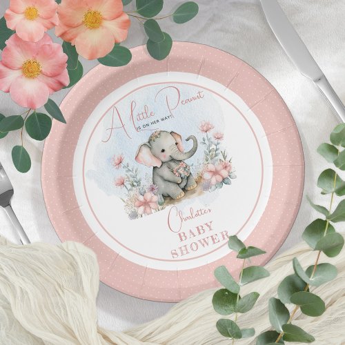 Baby Elephant A Little Peanut Girl Floral Shower Paper Plates