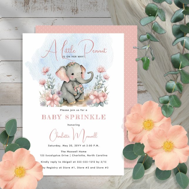 Baby Elephant A Little Peanut Girl Floral Sprinkle Invitation (Creator Uploaded)