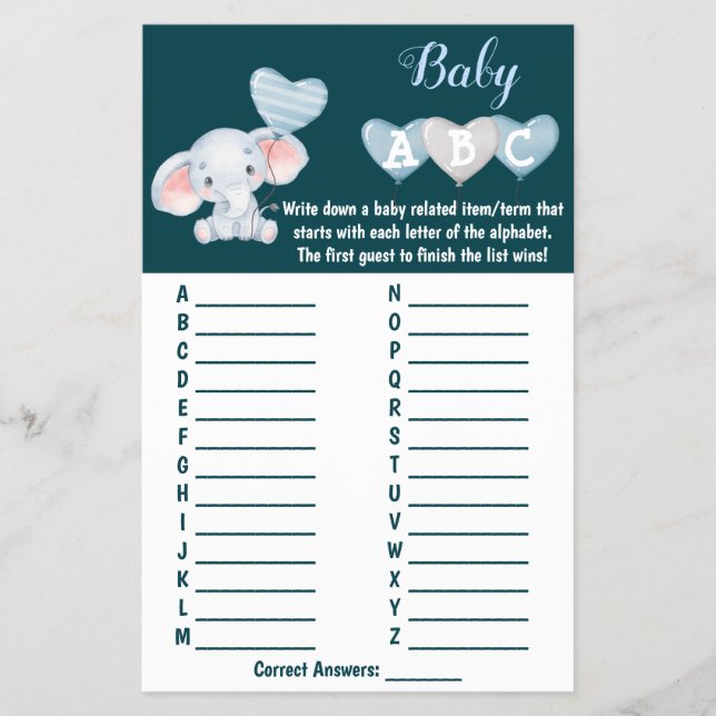 Baby Elephant ABC Baby Shower Game Card Flyer (Front)