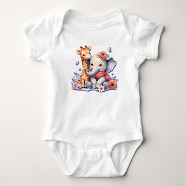 Baby Elephant and Baby Giraffe Besties Baby Bodysuit (Front)