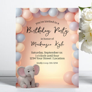 Baby Elephant and Balloons Birthday Party Invitation