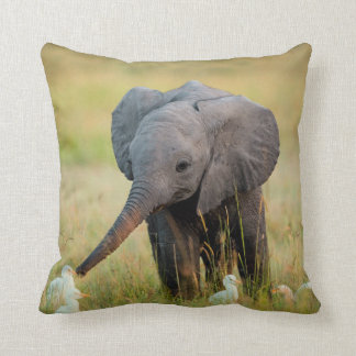 Baby Elephant and Birds Throw Pillow