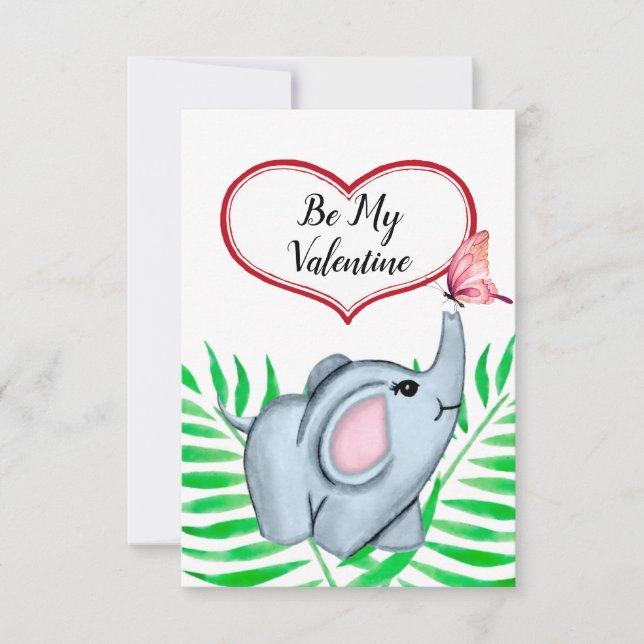 Baby Elephant And Butterfly Child's Valentine Card (Front)