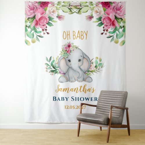  Baby Elephant and Flowers Baby Shower Backdrop