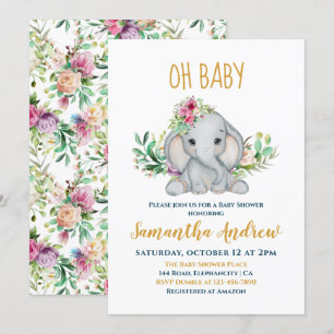 Baby Elephant and Flowers Baby Shower Invitation