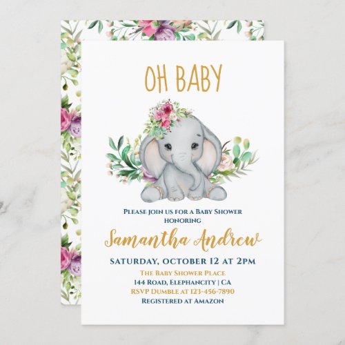  Baby Elephant and Flowers Baby Shower Invitation