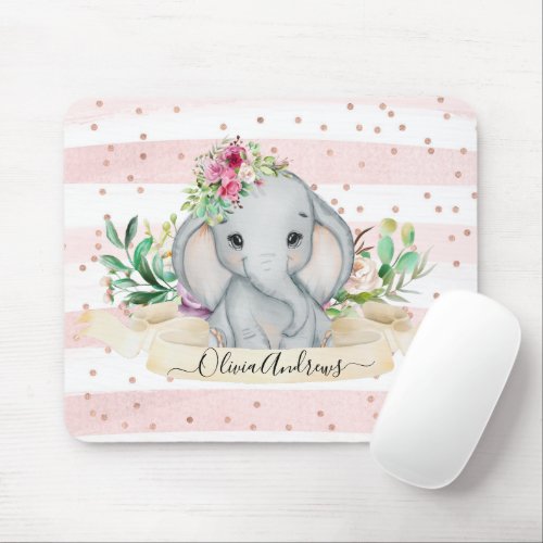 Baby Elephant and Flowers Cute Watercolor Drawing  Mouse Pad