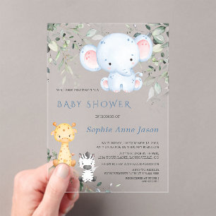 Baby Elephant and Friends Safari Boy Baby Shower Acrylic Invitations