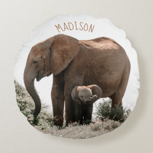 Baby Elephant and Mom Cute Pachoderm Lover Round Pillow