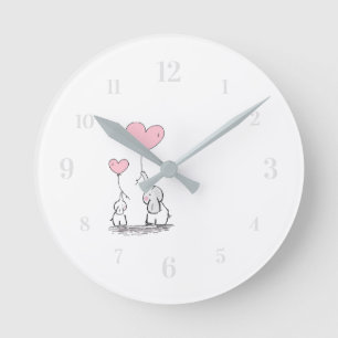 Baby Elephant and Mom or Dad Pink Heart Balloons Round Clock