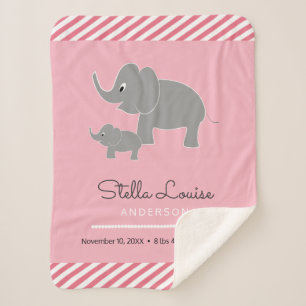 Baby Elephant and Umbrella Baby Girl Birth Stats Sherpa Blanket