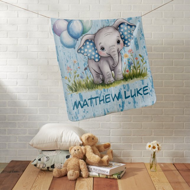 Baby Elephant and Wildflower Boy Baby Shower Baby Blanket (In Situ)