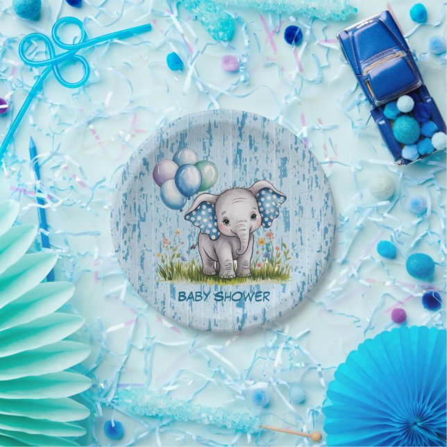 Baby Elephant and Wildflower Boy Baby Shower Paper Plates (Party)